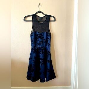 Ultra Flirt Dark Blue Black Floral Fit & Flare Mesh Sleeveless Dress S